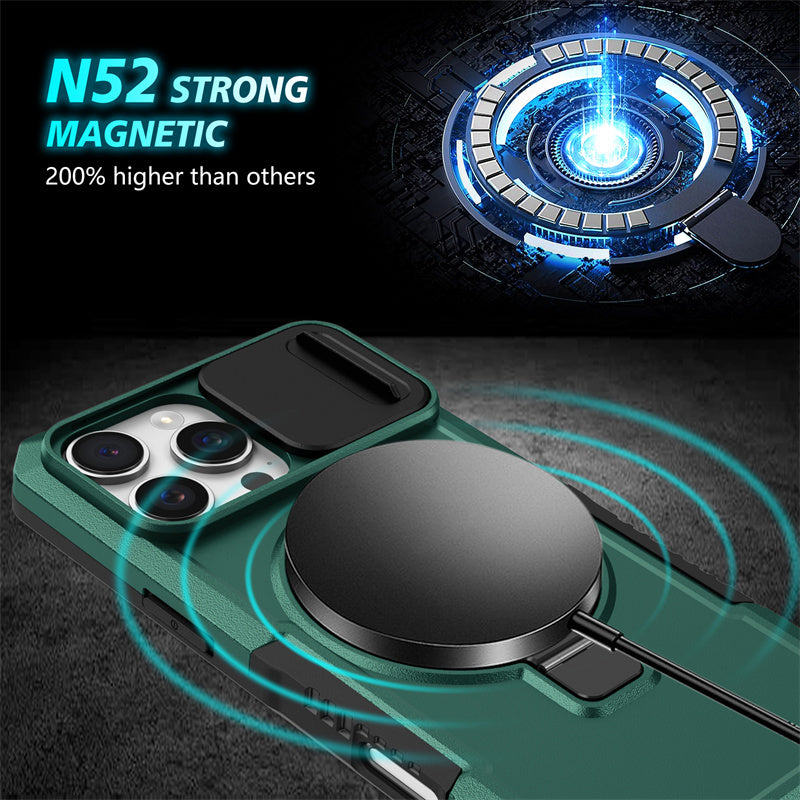 MagSafe Armor Case – Magnetic Holder, Wireless Charging, Slide Camera Protection, Rugged Full-Body Cover for iPhone Models