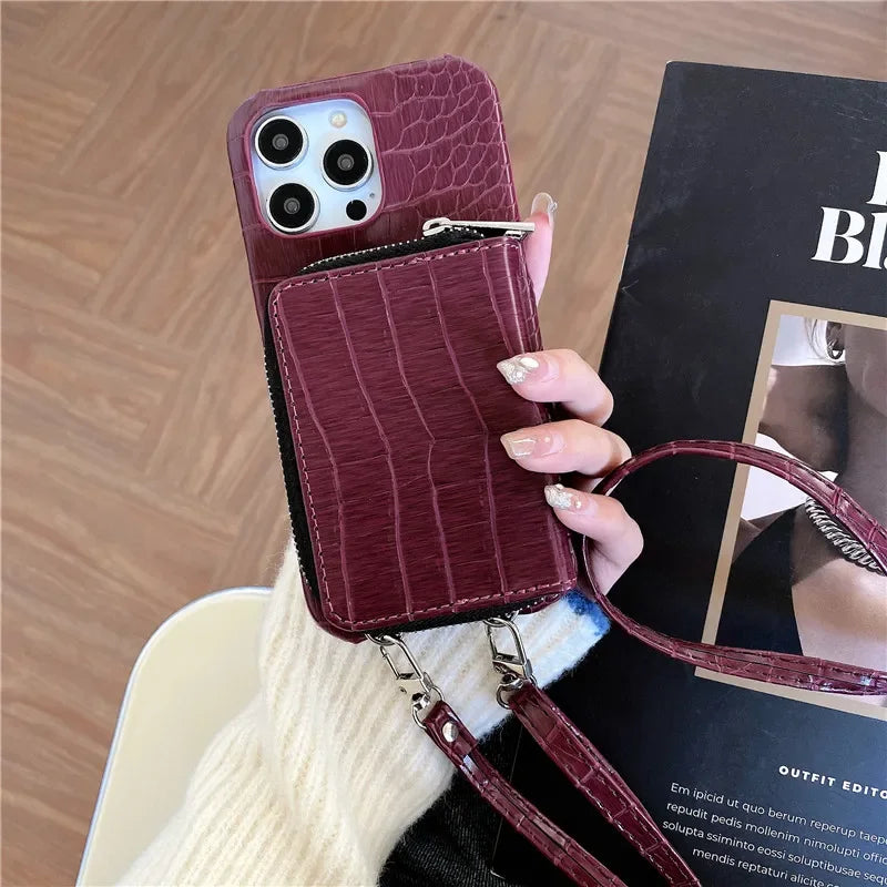 Luxury Crossbody Crocodile Skin Phone Case – Zipper Wallet, Card Holder, Shockproof Protection, and Elegant Design for Secure & Stylish Convenience