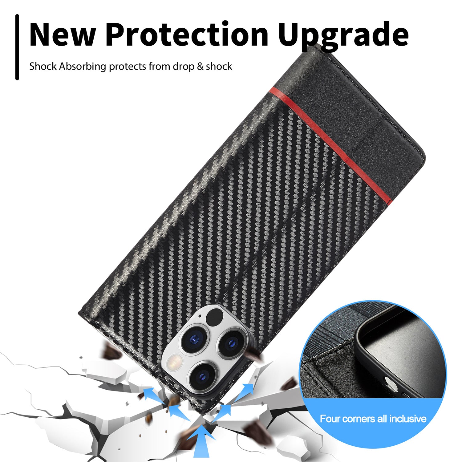 Luxury Carbon Fiber Leather Wallet iPhone Case – Magnetic Flip Cover, Card Holder, Shockproof Protection, Stylish & Durable for iPhone