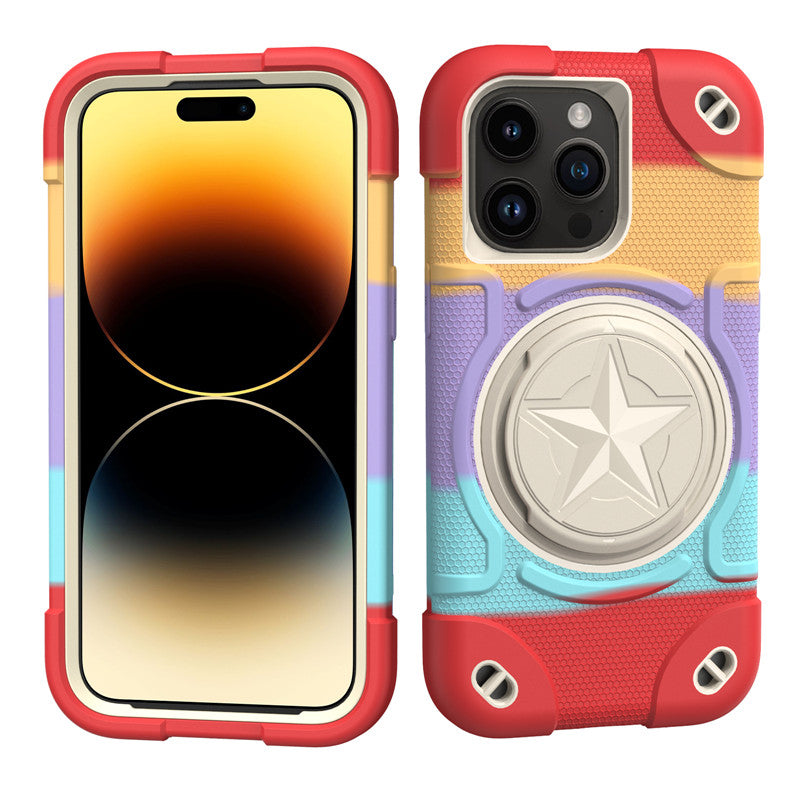 Shield Rotating Ring Rugged Stand Case – Five-Pointed Star Design, Macaron Color Bumper Cover, Durable Protection for iPhone Models