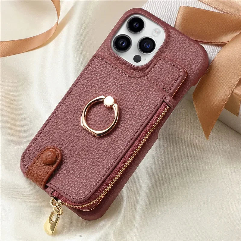 Luxury Leather Zipper Wallet Phone Case – Card Holder, Ring Kickstand, Shockproof Cover for iPhone Models