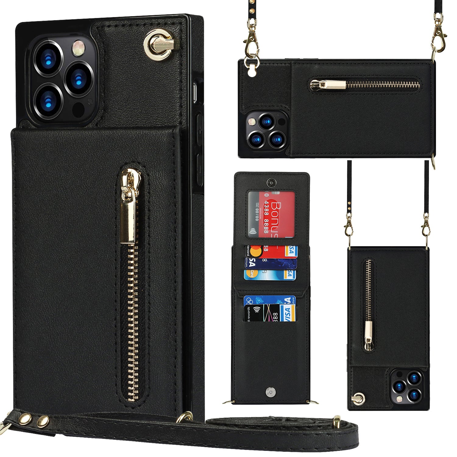 Luxury Zipper Wallet Crossbody Leather Case – Card Holder, Lanyard Strap, Shockproof Protection, Magnetic Closure, Stylish Flip Cover for iPhone