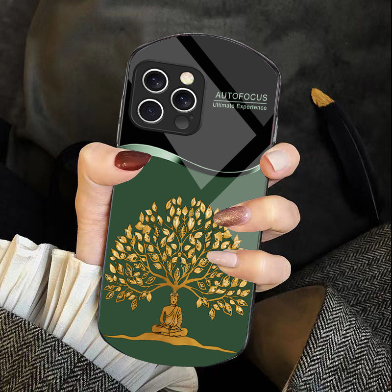 Golden Wealth Tree Phone Case – Elegant Tempered Glass for iPhone Models, Durable Protection, Stylish Elliptical Design