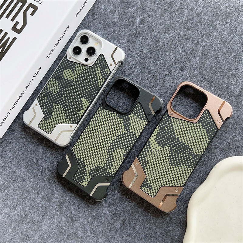 Camouflage Metal Armor Case Frameless Real Carbon Fiber Cover with Built-In Magnet for iPhone Models, Durable and  Protection