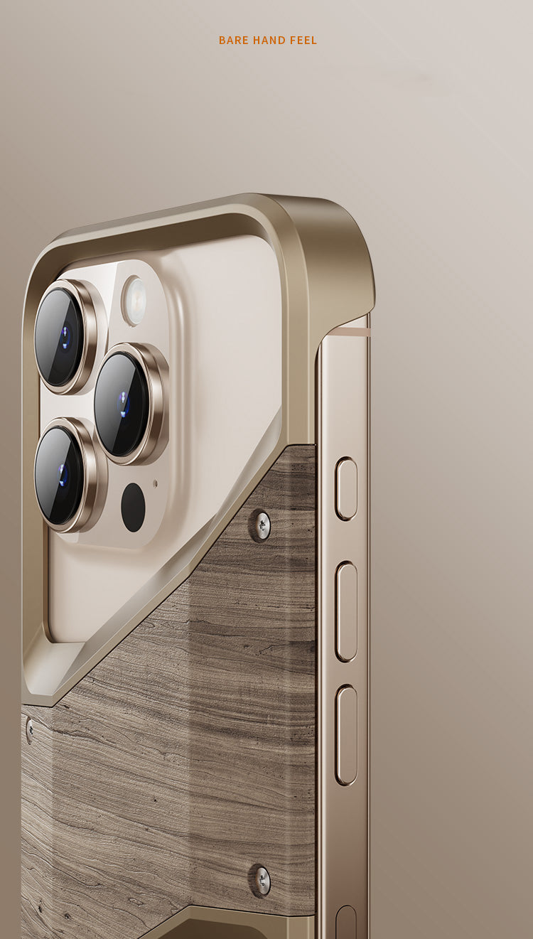 Irregular Metal Frame iPhone Case – Aluminum Alloy and Solid Wood Shockproof Frameless Cover for iPhone Models, Durable and Unique Design