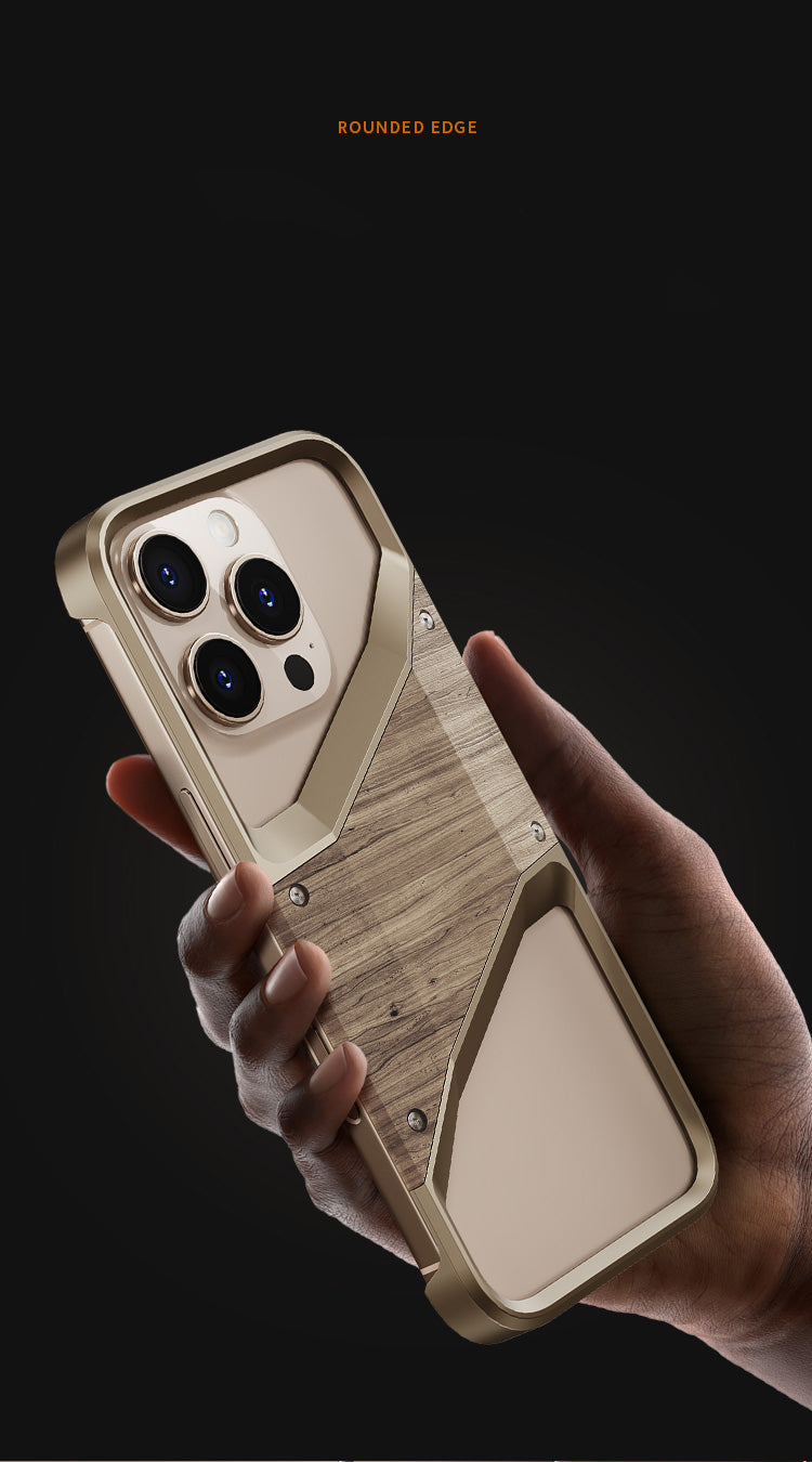 Irregular Metal Frame Phone Case – Aluminum Alloy and Solid Wood Shockproof Frameless Cover for iPhone Models, Durable and Unique Design