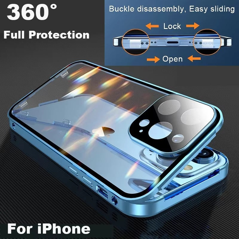 Luxury 360° Full Protection Magnetic iPhone Case – Metal Frame, Double-Sided Glass, Snap Lock Design, Shockproof Bumper Cover | Case for iPhone