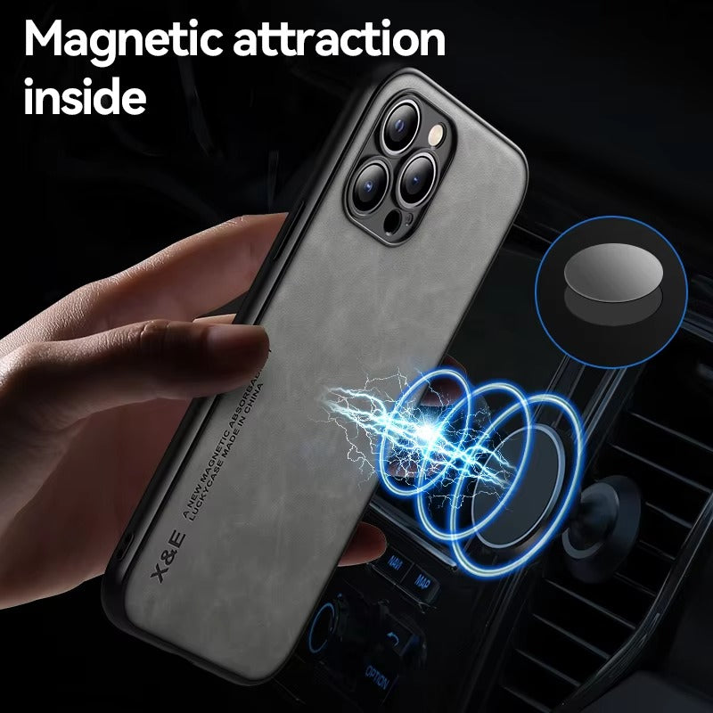 Luxury Magnetic Leather MagSafe iPhone Case – Wireless Charging, Car Holder Support, Shockproof & Stylish Protection | Case for iPhone