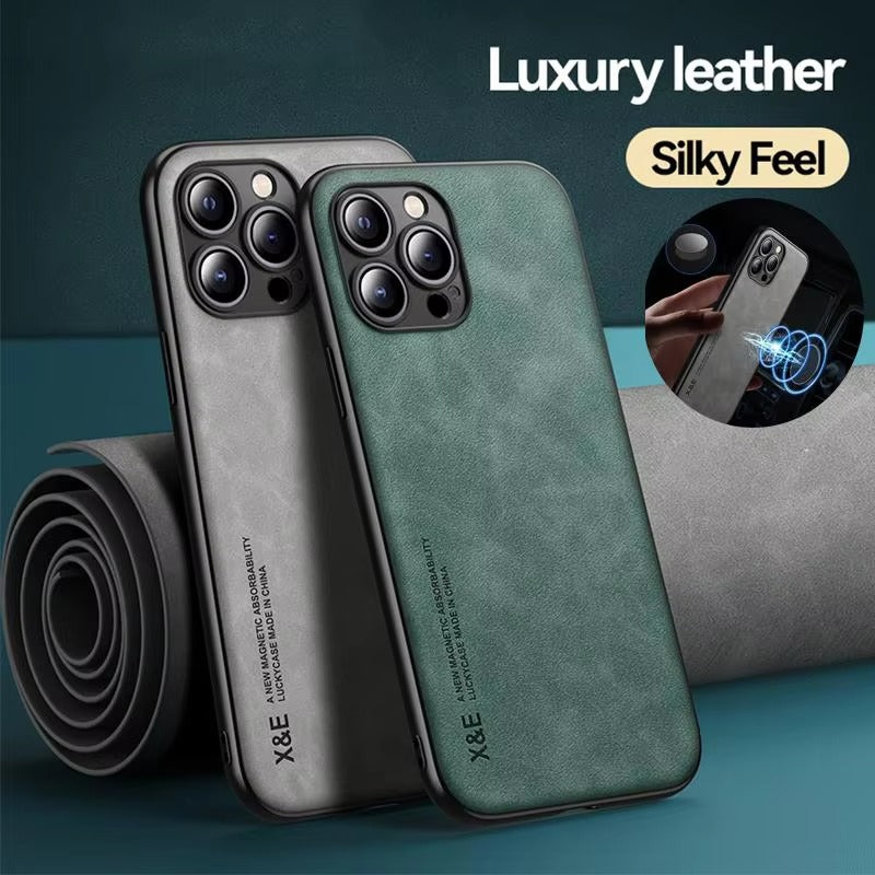 Luxury Magnetic Leather MagSafe Case – Wireless Charging, Car Holder Support, Shockproof & Stylish Protection | Case for iPhone