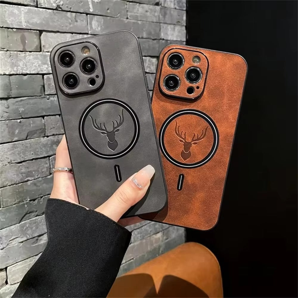 Luxury PU Leather MagSafe iPhone Case – Deer Embossed Design, Wireless Charging, Stylish & Durable Full Protection Cover | Case for iPhone