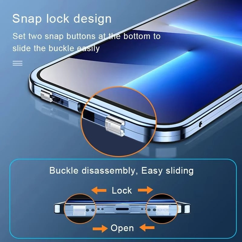 Luxury 360° Full Protection Magnetic Case – Metal Frame, Double-Sided Glass, Snap Lock Design, Shockproof Bumper Cover | Case for iPhone