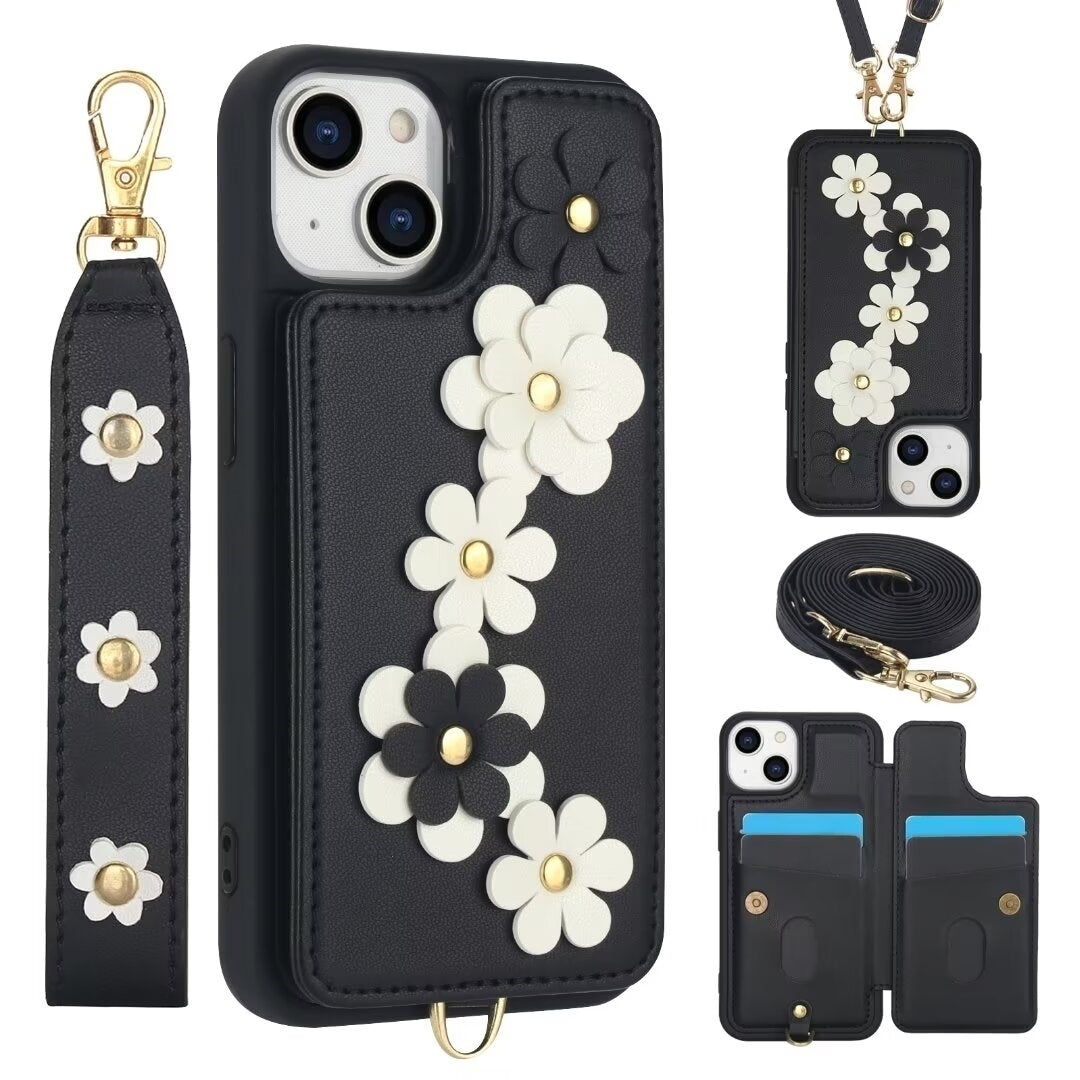 Luxury Crossbody Wallet Leather Phone Case – 3D Flower Design, Card Slot, Wrist Strap, Magnetic Closure, Protective Cover