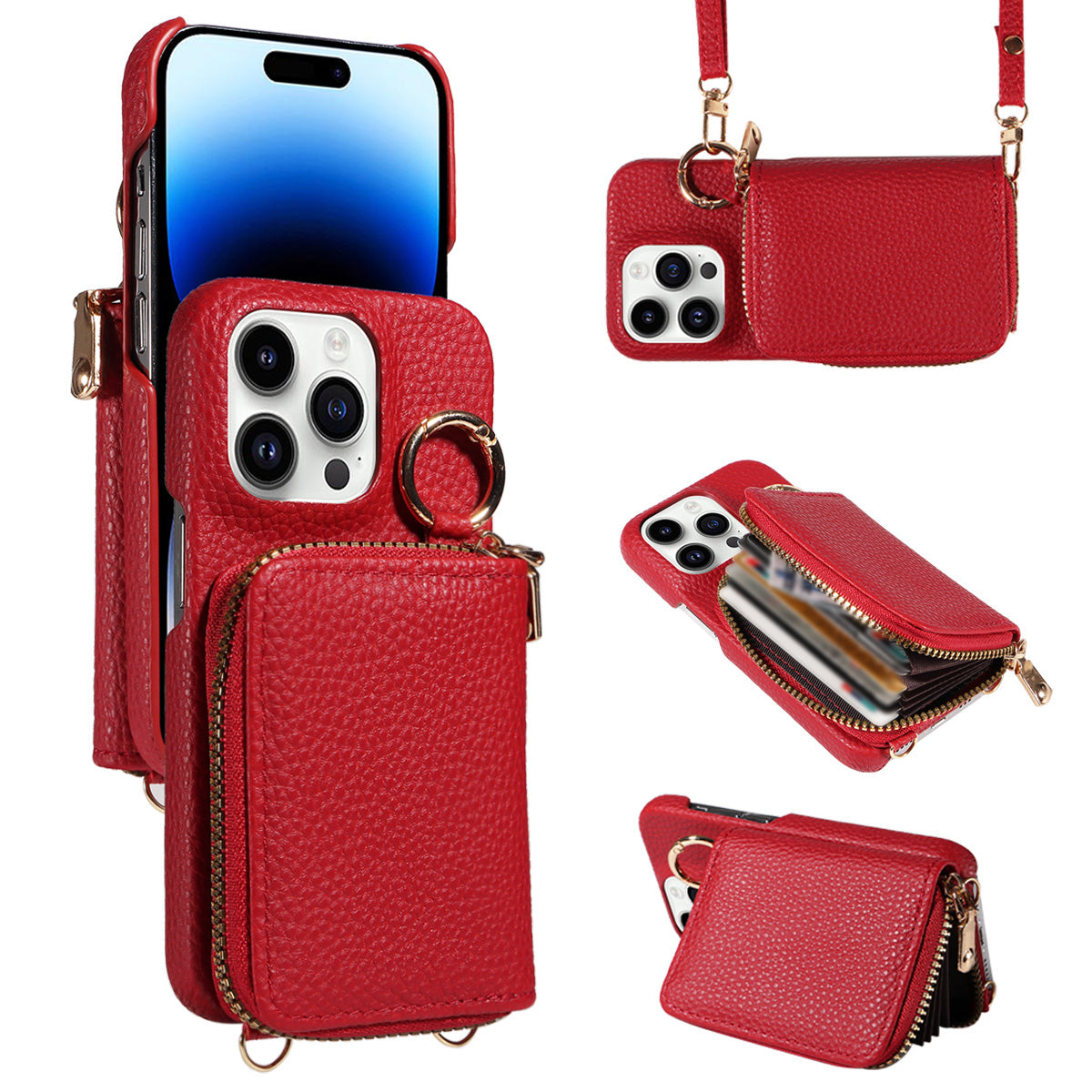 Luxury Zipper Wallet Crossbody Phone Case – Leather Cover with Card Holder, Lanyard Strap, and Full Protection for iPhone Models