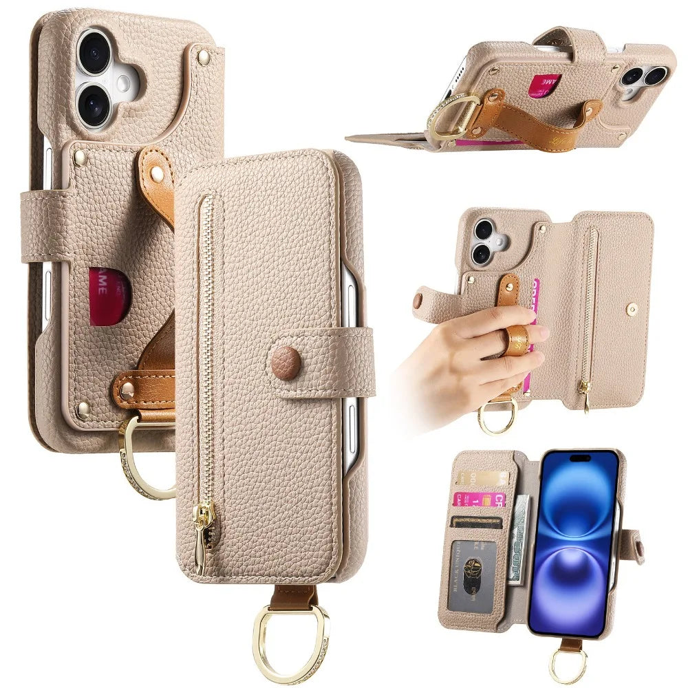 Luxury Wallet Flip Phone Case – Card Slot Holder, Wrist Strap, Ring Kickstand, Shockproof Cover for iPhone Models