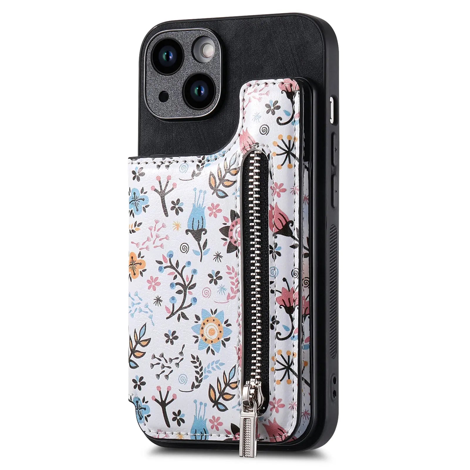 Zipper Card Slot Wallet Case – Magnetic Closure, Purse Pocket, Floral Design, Shockproof Protective Cover for iPhone