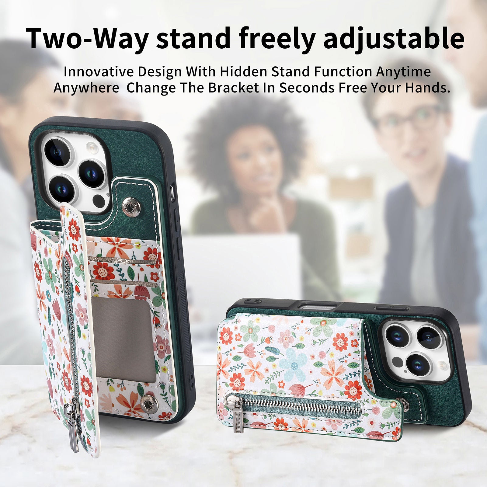 Zipper Card Slot Wallet Case – Magnetic Closure, Purse Pocket, Floral Design, Shockproof Protective Cover for iPhone