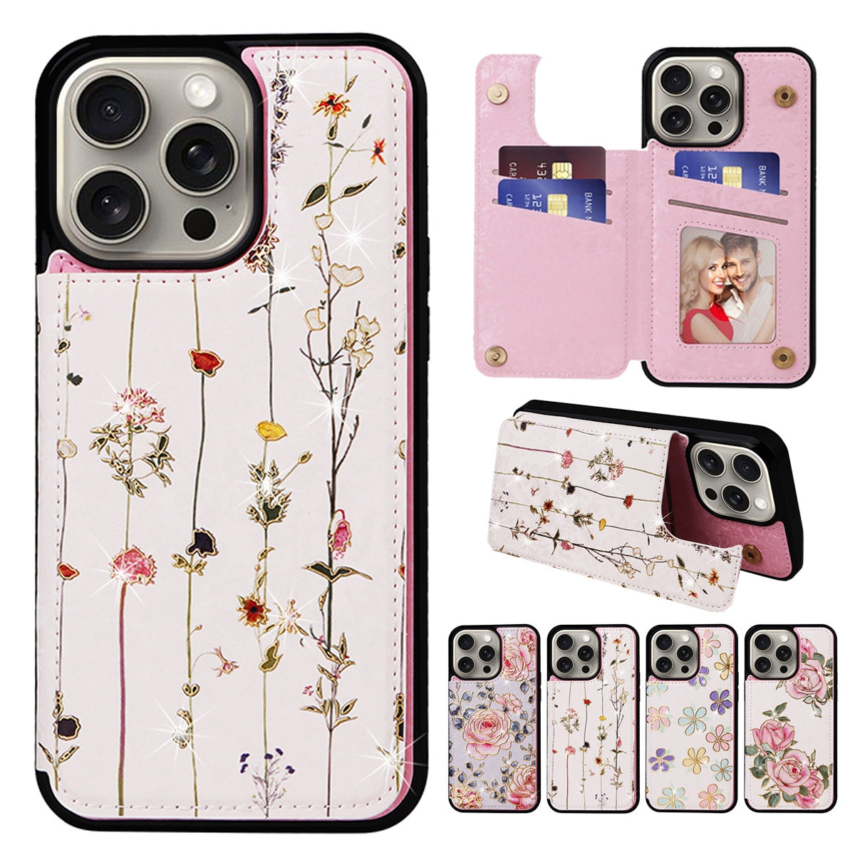 Hot Stamped Floral Wallet Case – Card Slots, Flip Cover, Magnetic Closure, Elegant Leather Design, Shockproof Protection for iPhone