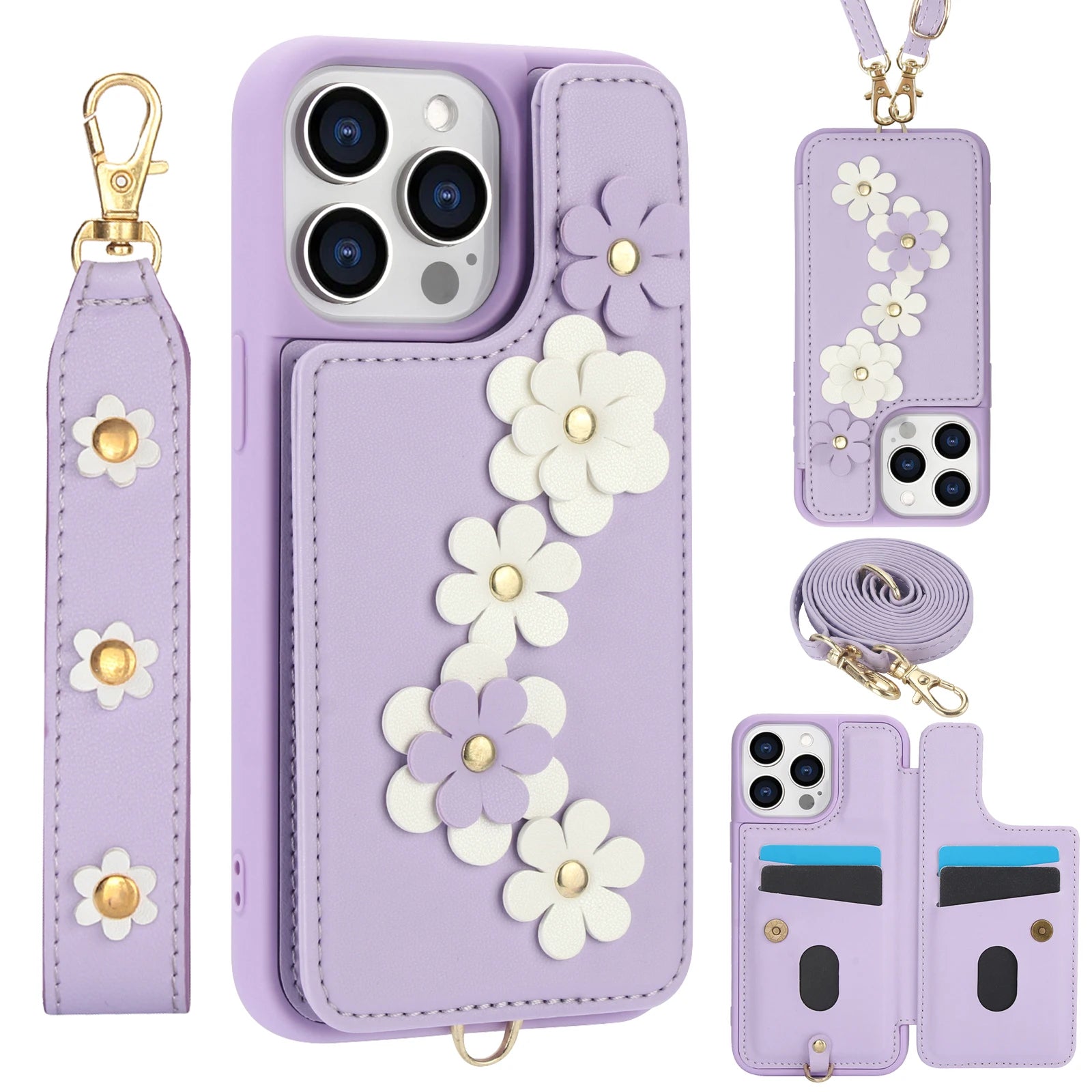 Luxury Crossbody Wallet Leather Phone Case – 3D Flower Design, Card Slot, Wrist Strap, Magnetic Closure, Protective Cover