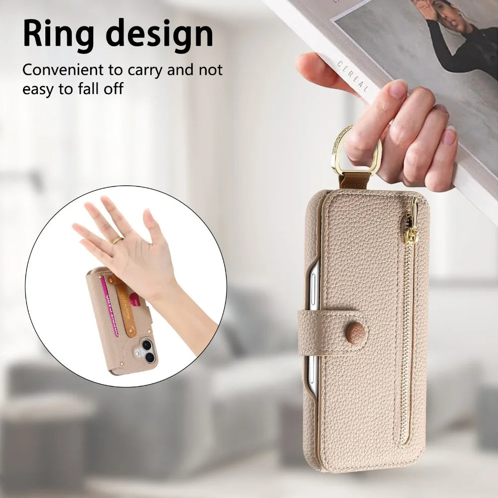 Luxury Wallet Flip iPhone Case – Card Slot Holder, Wrist Strap, Ring Kickstand, Shockproof Cover for iPhone Models