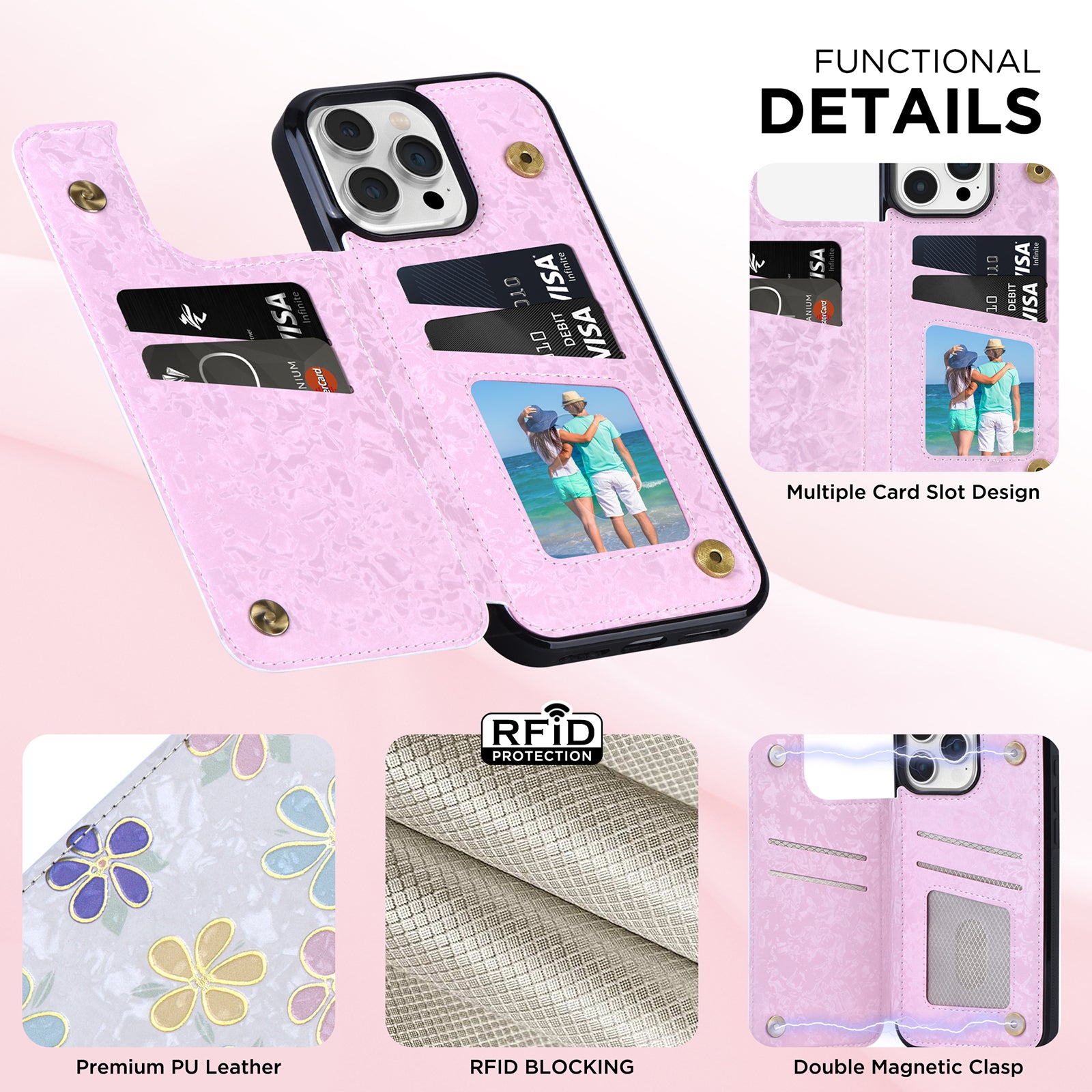 Hot Stamped Floral Wallet Case – Card Slots, Flip Cover, Magnetic Closure, Elegant Leather Design, Shockproof Protection for iPhone