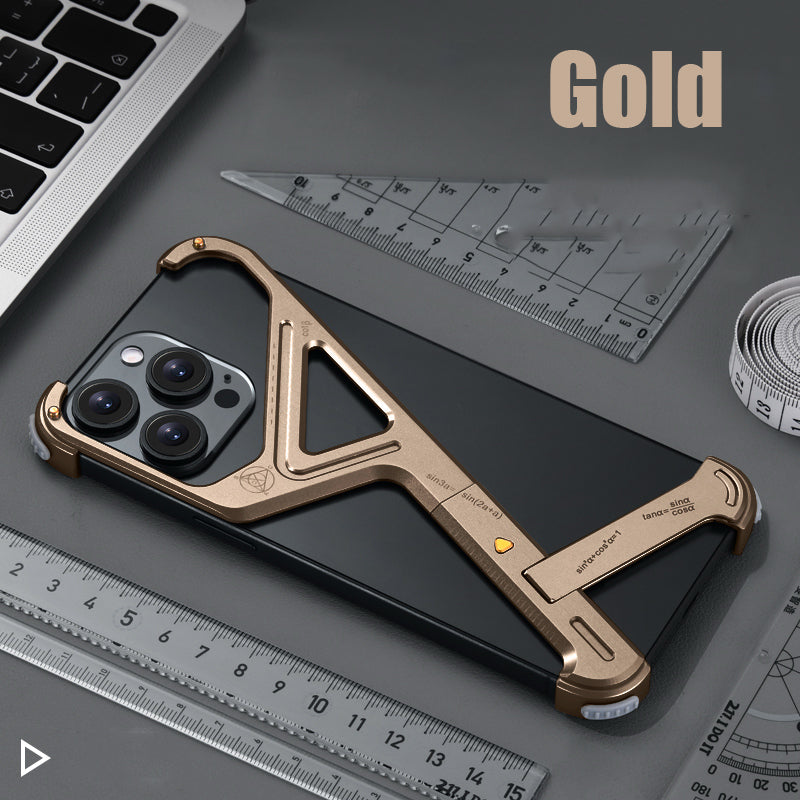 Luxury Geometric Metal Phone Case – Aluminum Alloy Shockproof Cover with Removable Stand for iPhone Models, Stylish and Durable Design