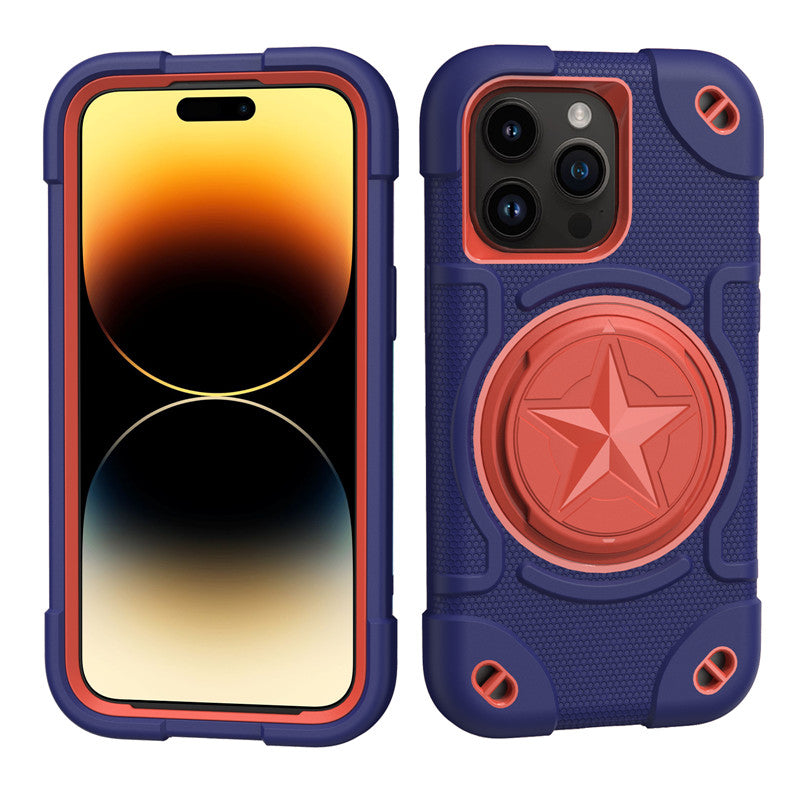 Shield Rotating Ring Rugged Stand Case – Five-Pointed Star Design, Macaron Color Bumper Cover, Durable Protection for iPhone Models