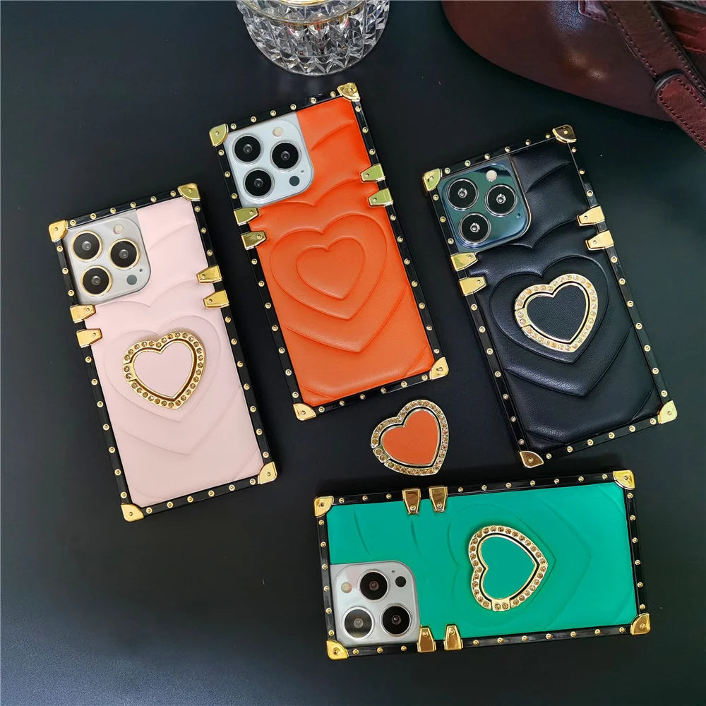 Luxury 3D Love Heart Soft PU Leather Case Shockproof Phone Cover for iPhone 15, 13 Pro Max, 12, 11 Pro, 14 Pro Max XR, XS Max