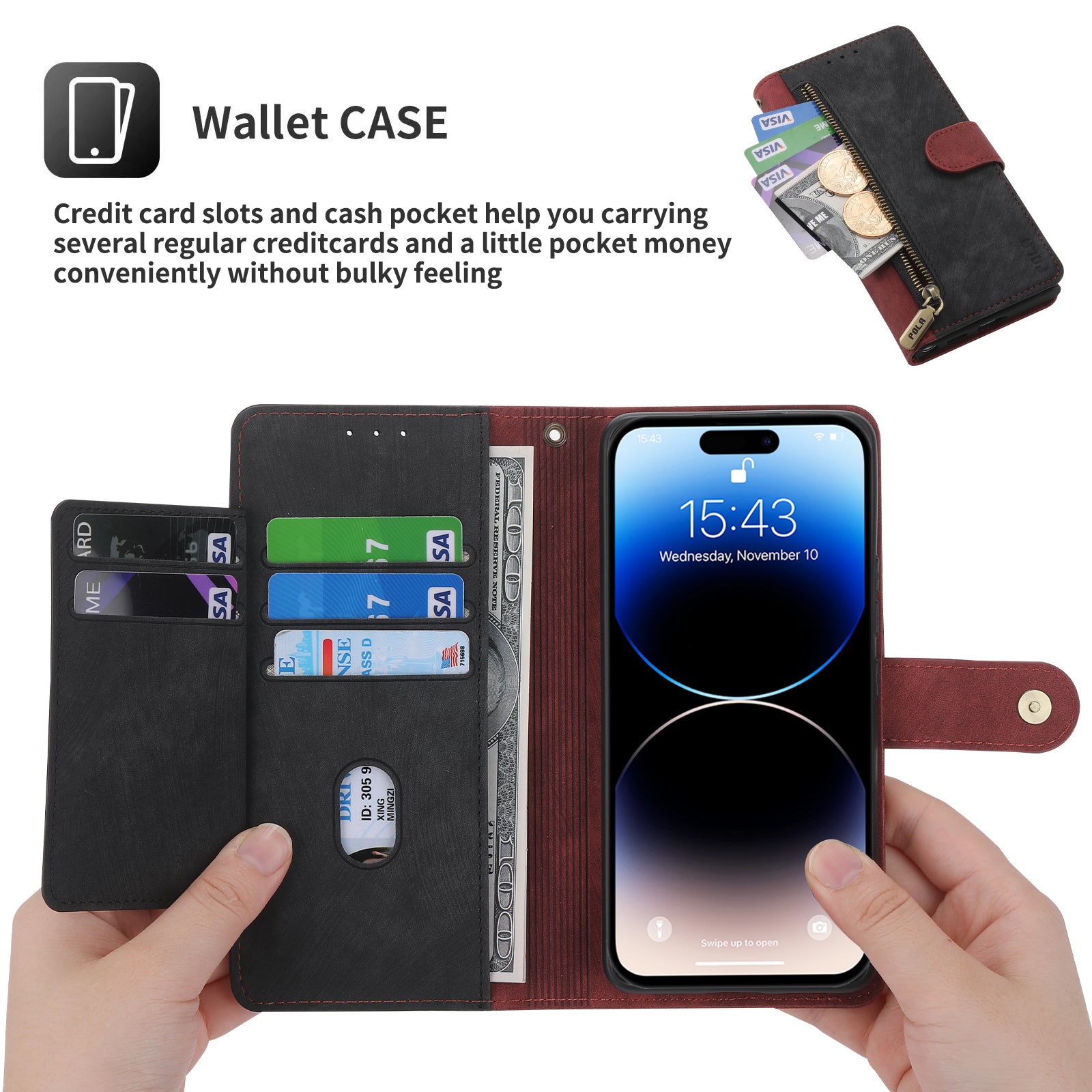 RFID Blocking Leather Wallet Case – Zipper Flip Cover, Card Slot Holder, Magnetic Stand, Shockproof Protection, Premium Design for iPhone