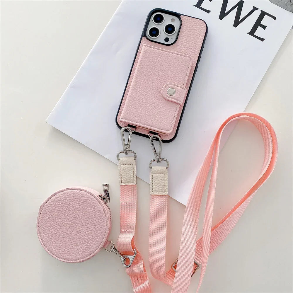 Luxury Crossbody Wallet Card Slot Coin Purse for iPhone 16, 15 Plus, 14, 13, 12, 11, 7, 8 Pro Max – Leather Lanyard Protective Phone Case Cover