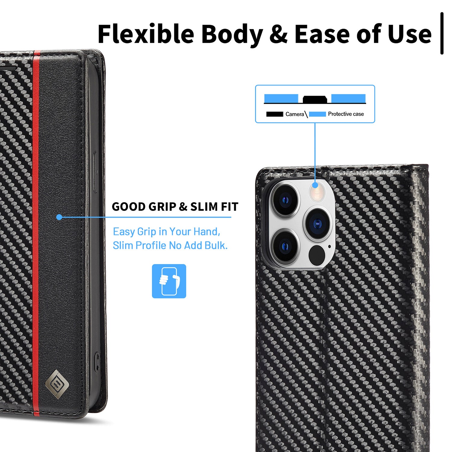 Luxury Carbon Fiber Leather Wallet iPhone Case – Magnetic Flip Cover, Card Holder, Shockproof Protection, Stylish & Durable for iPhone