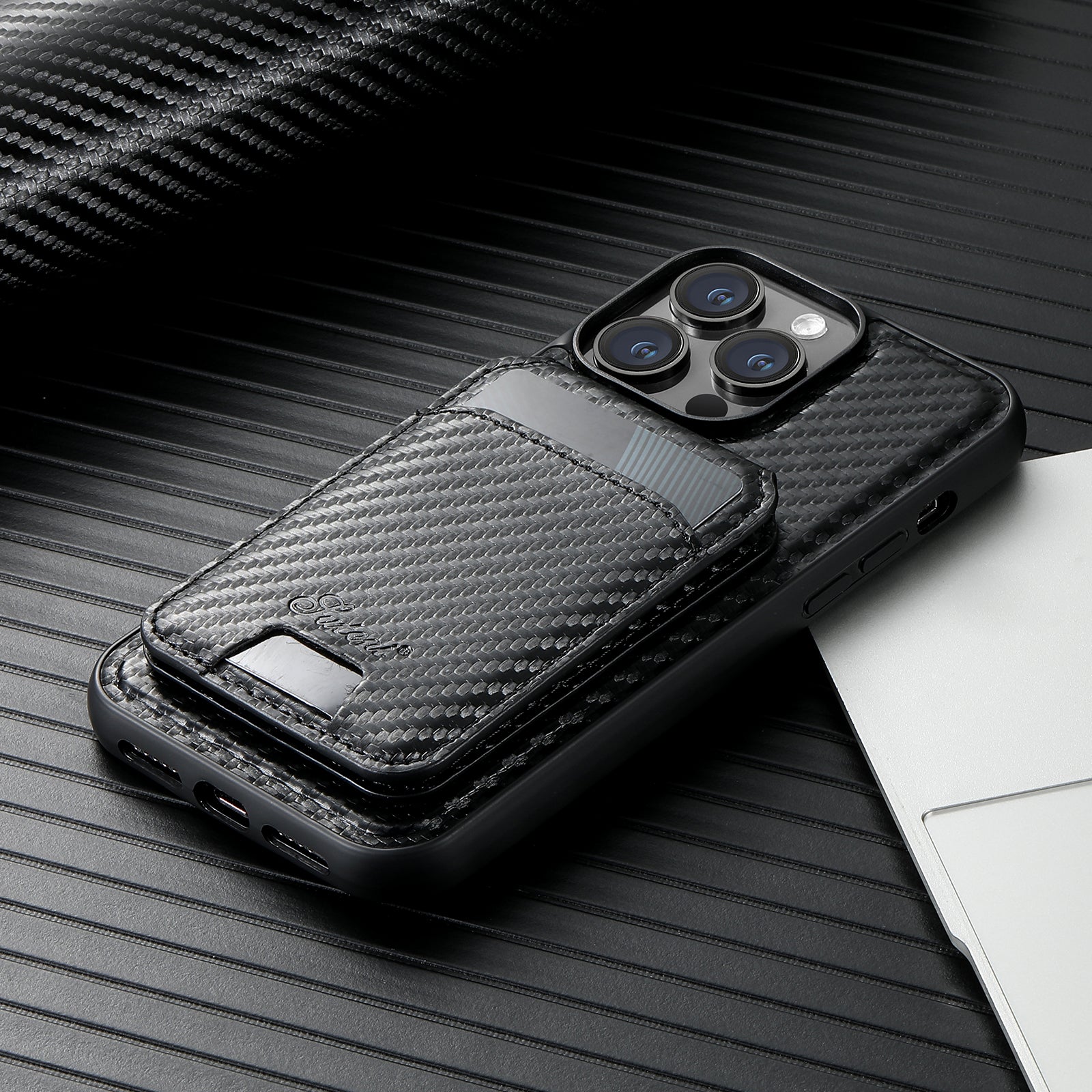 Carbon Fiber Texture Detachable Leather iPhone Case – Magnetic Wallet, Card Holder, Shockproof Protection, Stylish & Durable