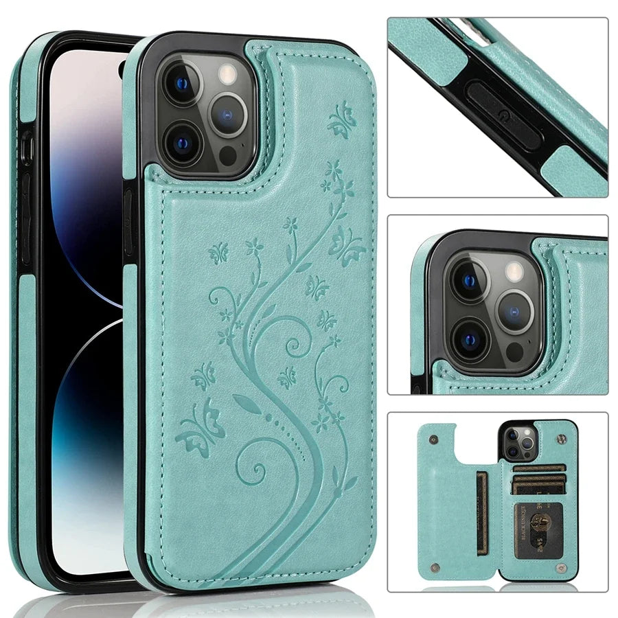 Luxury Wallet Butterfly Embossed Leather iPhone Case – Magnetic Flip, Card Slot, Stand Function, Shockproof Protective Cover