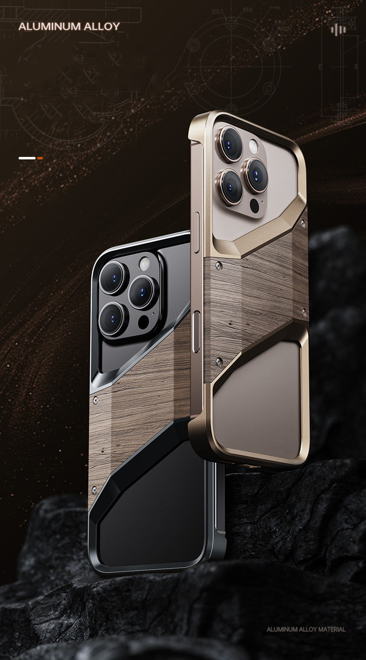 Irregular Metal Frame iPhone Case – Aluminum Alloy and Solid Wood Shockproof Frameless Cover for iPhone Models, Durable and Unique Design