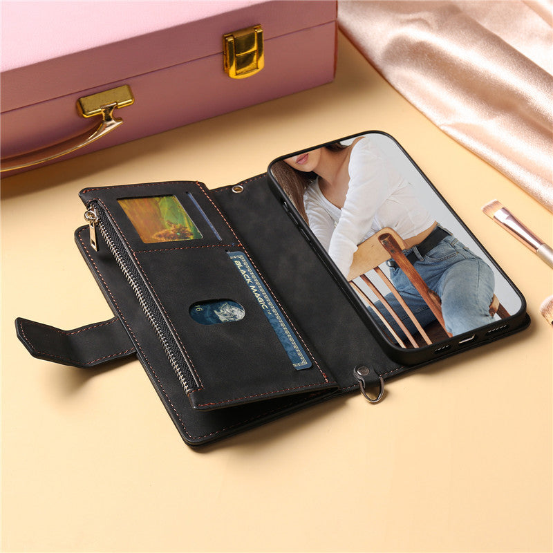 Luxury Flip Leather Wallet Phone Case – Long Lanyard, Zipper Closure, Card Holder, Magnetic Protection, and Premium Design for iPhone