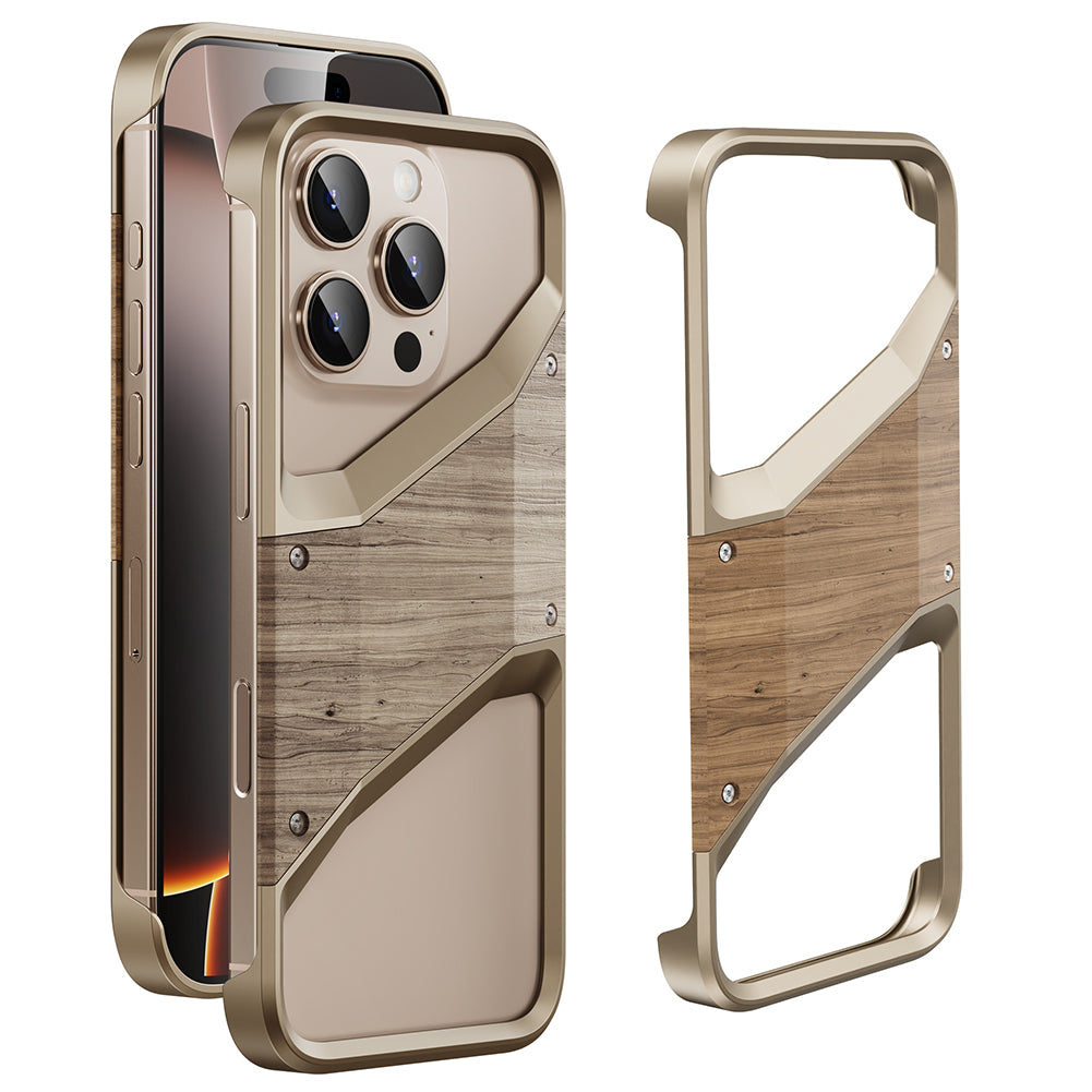 Irregular Metal Frame iPhone Case – Aluminum Alloy and Solid Wood Shockproof Frameless Cover for iPhone Models, Durable and Unique Design