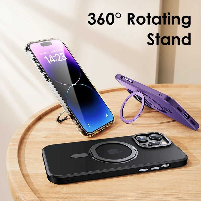 Luxury Magnetic 360° Rotating Stand iPhone Case - Frosted Transparent Cover with Ring Holder, Shockproof & Hands-Free Design | Case for iPhone