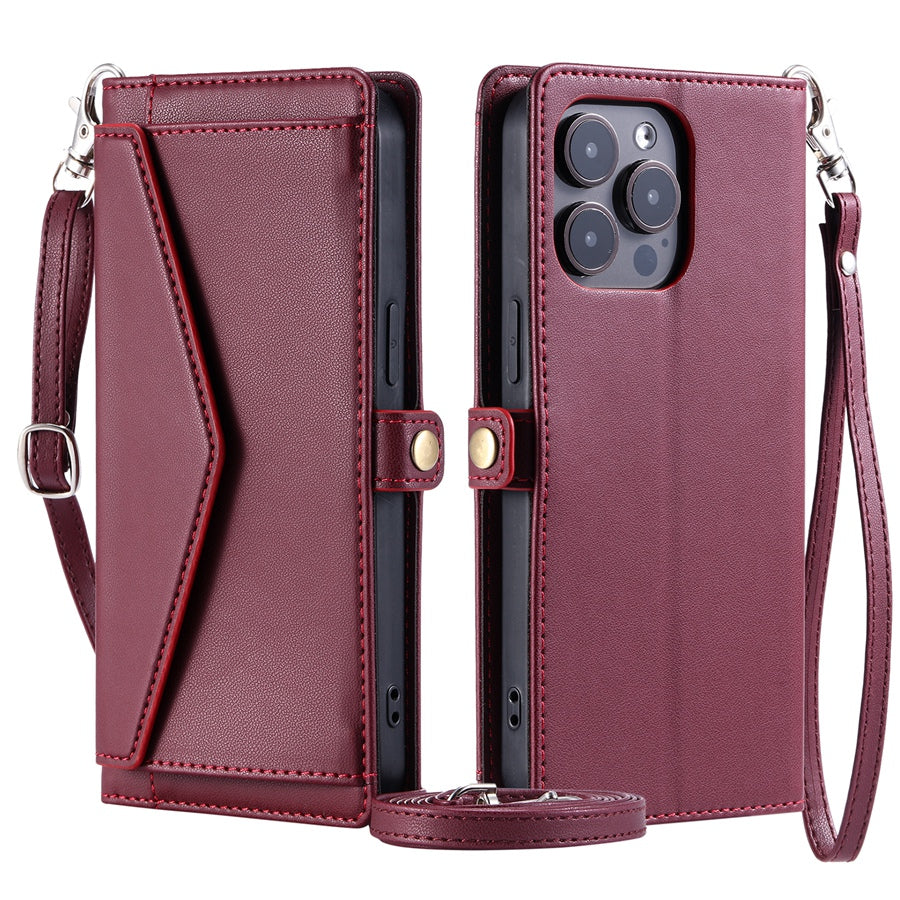 Luxury Dual-Layer Wallet Case – Flip Leather Cover with Card Slots, Photo Frame, 2 Lanyards, Shockproof Protection, and Stand Feature for iPhone