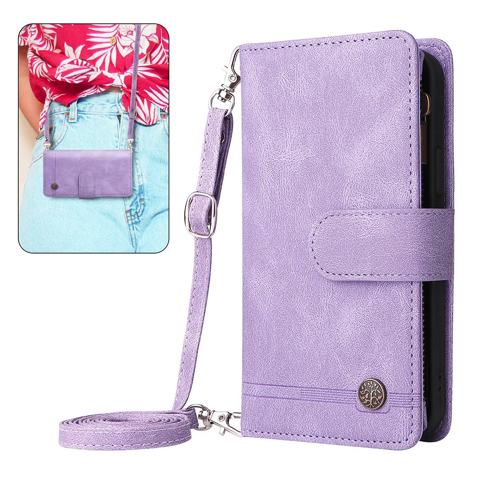 Premium Retro Flip Leather Case – Zipper Wallet, Multi-Card Slots, Necklace Lanyard, Magnetic Closure, Shockproof Protection for iPhone