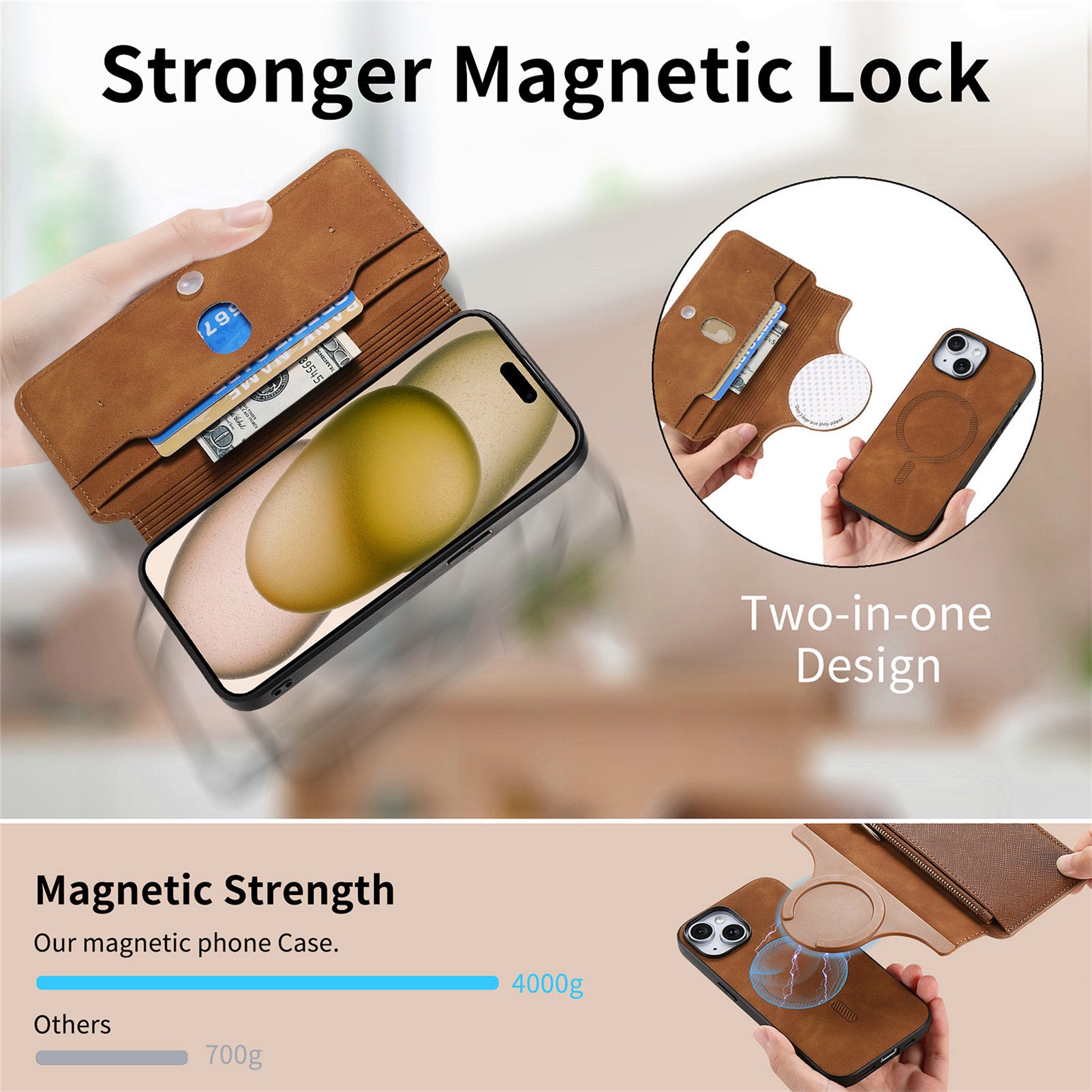 Premium 2-in-1 Magnetic Wallet iPhone Case – Zipper Leather Bag, Card Slot, Wireless Charging Compatible, Shockproof Protection for iPhone