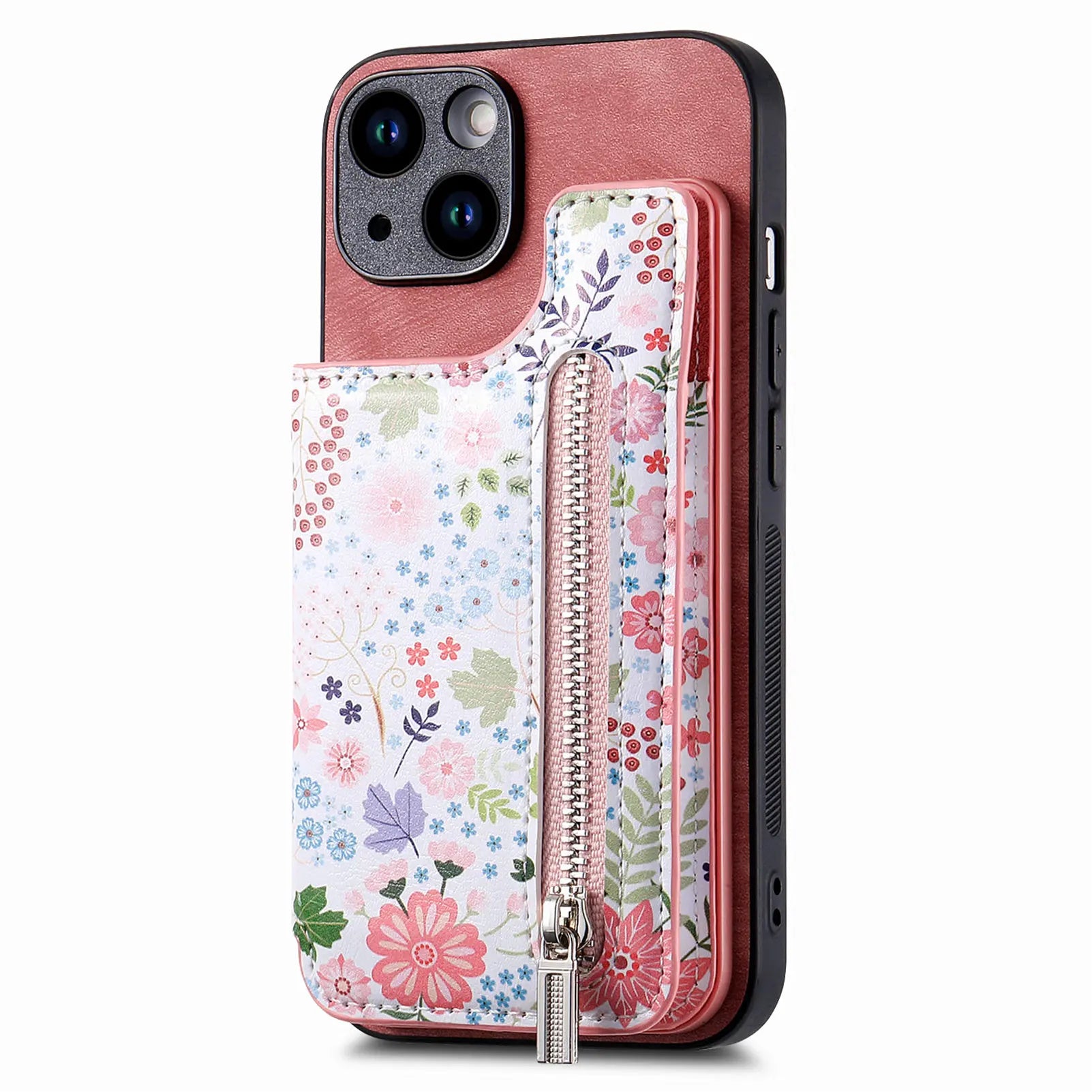 Zipper Card Slot Wallet Case – Magnetic Closure, Purse Pocket, Floral Design, Shockproof Protective Cover for iPhone