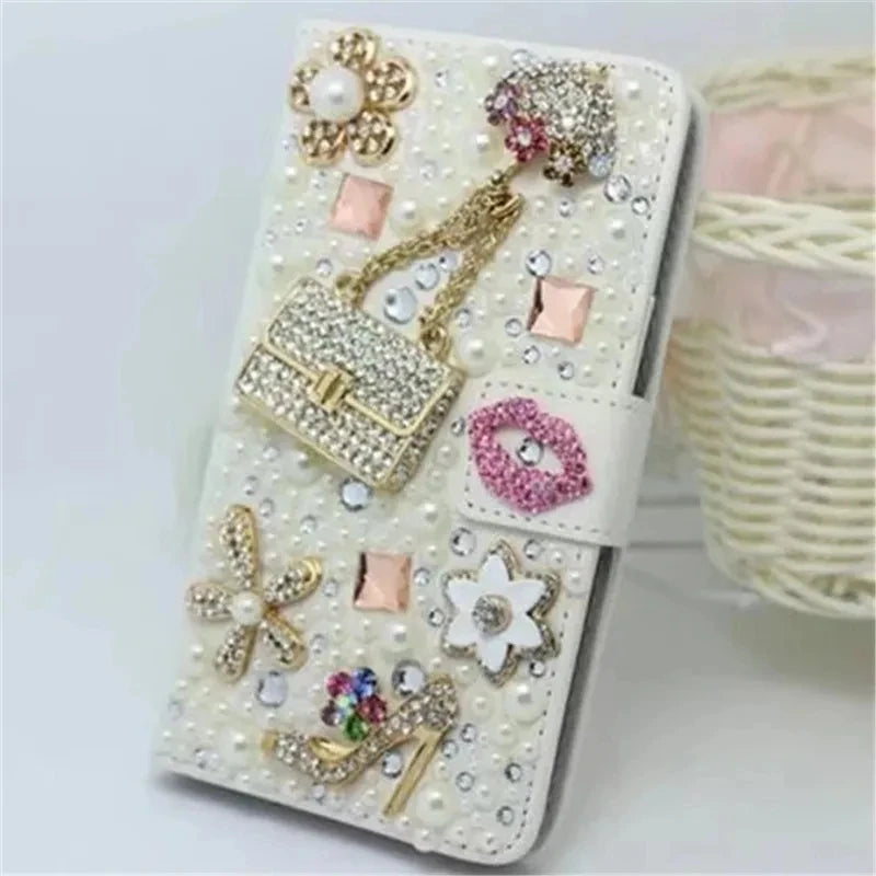 Luxury Bling Diamond Lipstick Wallet iPhone Case Flip Leather Cover with Card Slots, Rhinestone Design, Shockproof Protection