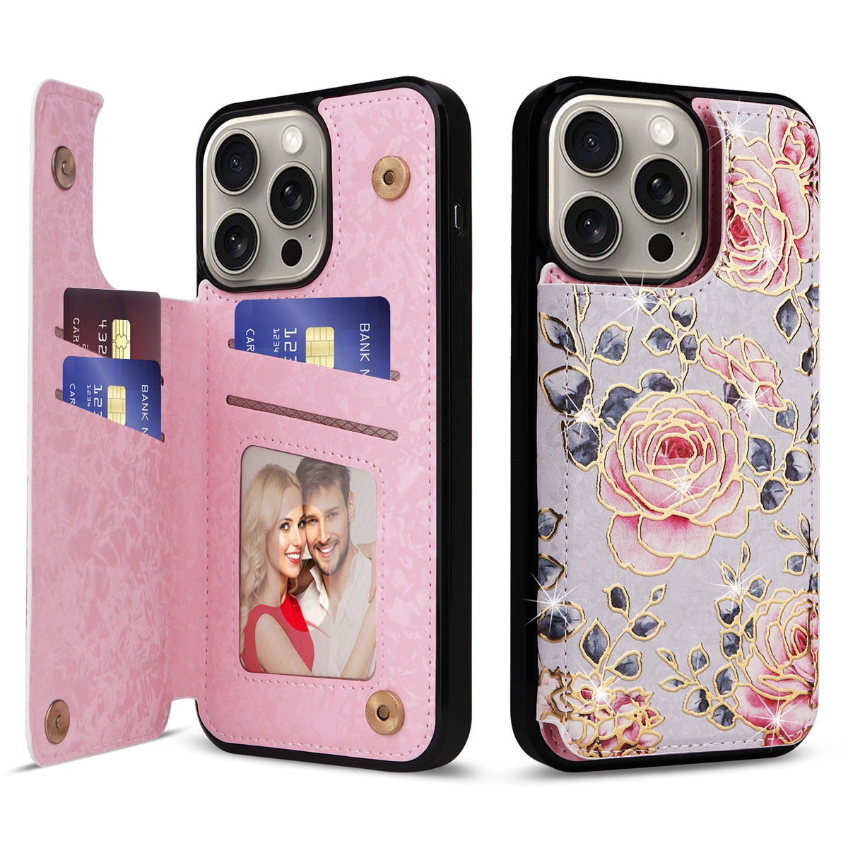 Hot Stamped Floral Wallet Case – Card Slots, Flip Cover, Magnetic Closure, Elegant Leather Design, Shockproof Protection for iPhone