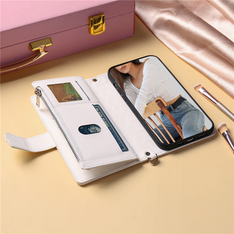 Luxury Flip Leather Wallet Phone Case – Long Lanyard, Zipper Closure, Card Holder, Magnetic Protection, and Premium Design for iPhone