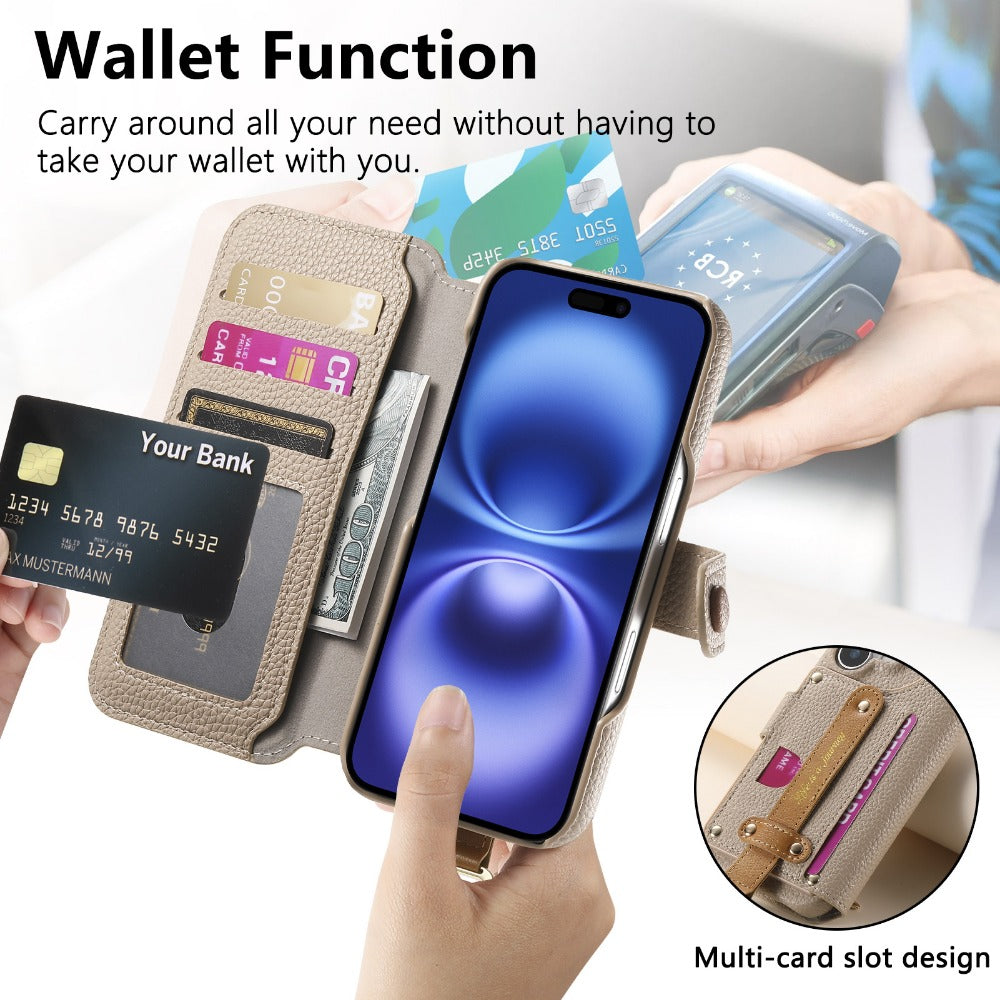 Luxury Wallet Flip iPhone Case – Card Slot Holder, Wrist Strap, Ring Kickstand, Shockproof Cover for iPhone Models