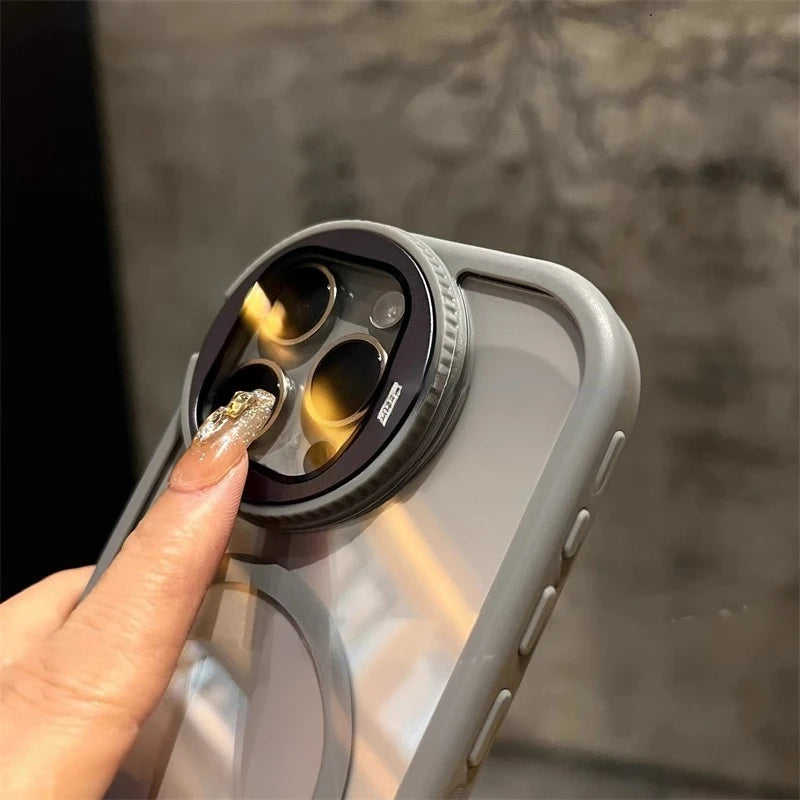 Luxury Glass Camera Stand Case - Transparent Magnetic Acrylic Cover, Wireless Charging Compatible, Durable Protection | Case for iPhone