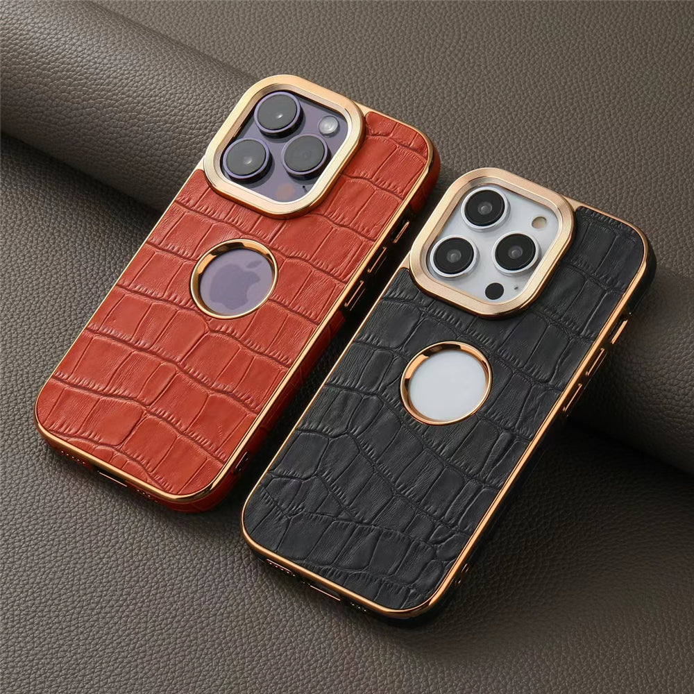 Luxury Plating Gold Genuine Cowhide Leather Case for iPhone - Crocodile Plaid Pattern Durable, Elegant Wallet Cover