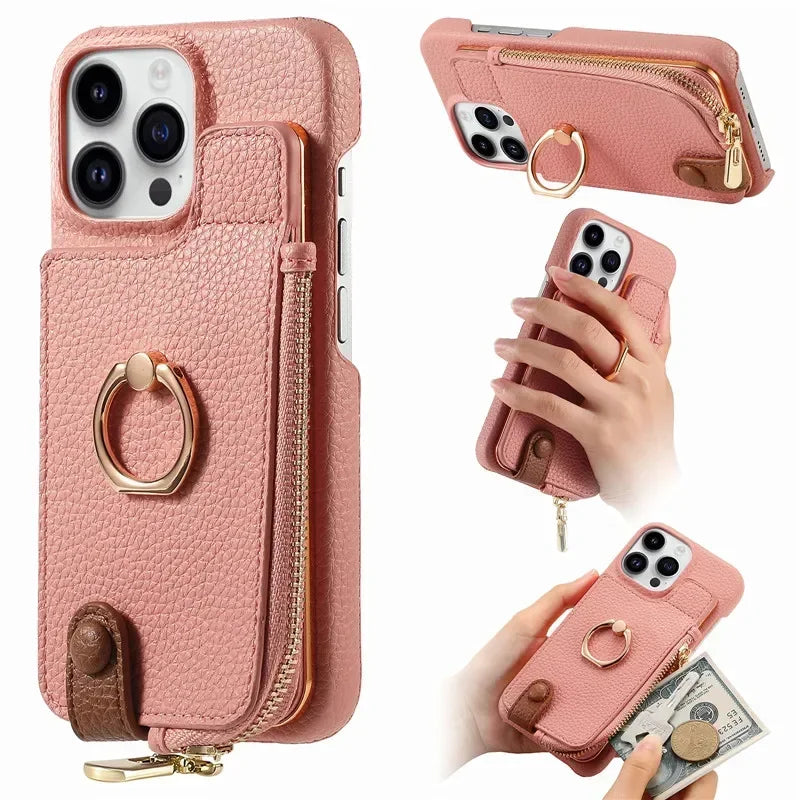 Luxury Leather Zipper Wallet Phone Case – Card Holder, Ring Kickstand, Shockproof Cover for iPhone Models