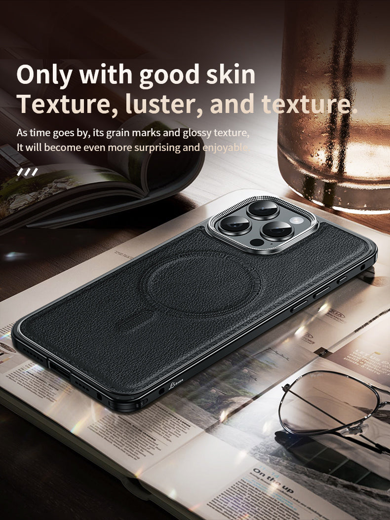 Luxury Leather MagSafe Phone Case Aluminum Alloy Frame with Leather Backplate Shockproof and Stylish Design for iPhone Models