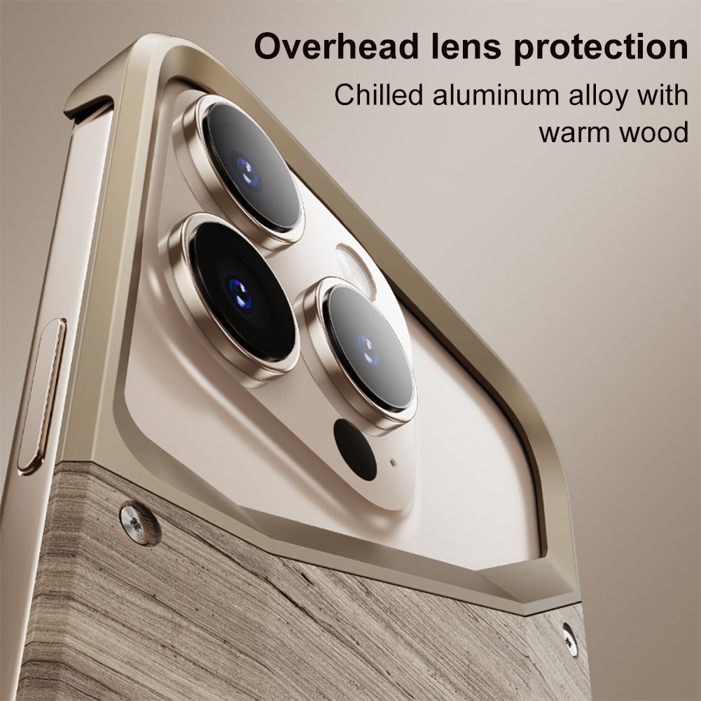 Irregular Metal Frame iPhone Case – Aluminum Alloy and Solid Wood Shockproof Frameless Cover for iPhone Models, Durable and Unique Design