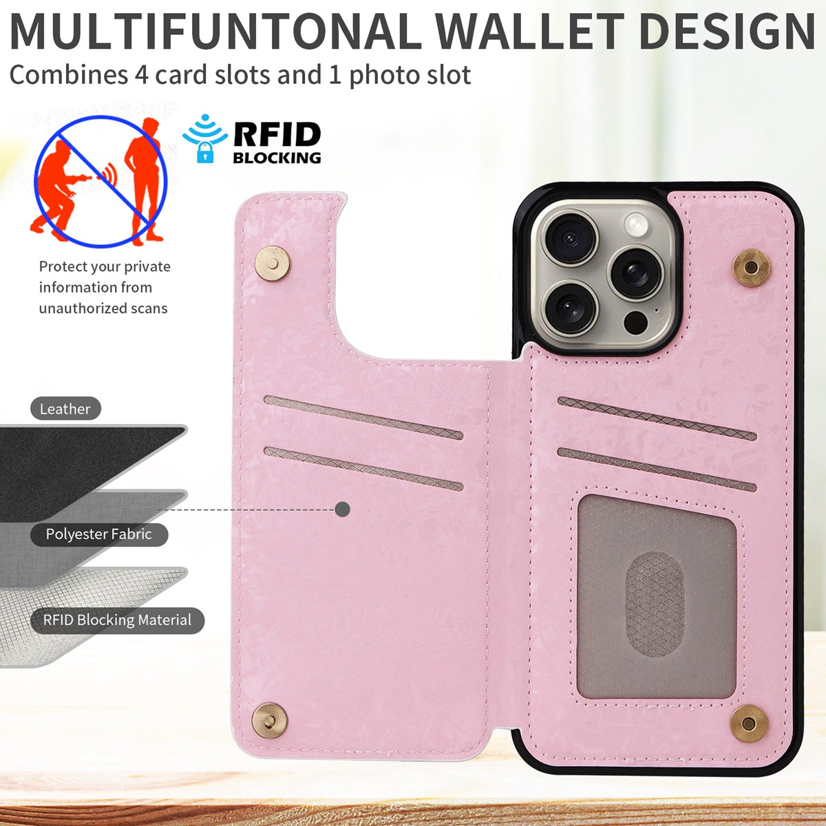 Hot Stamped Floral Wallet Case – Card Slots, Flip Cover, Magnetic Closure, Elegant Leather Design, Shockproof Protection for iPhone